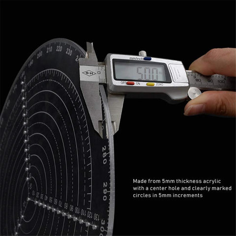 Side view of 300mm clear acrylic center finder compass for wood turning with digital caliper measuring diameter