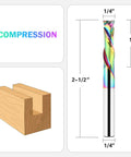 Pro Grade Compression Router Bit With One Quarter Inch Shank And One Inch Cutting Length TAC Coated Solid Carbide Spiral Up And Down CNC Router Bit For Carving Woodworking Projects shown with dimensions.