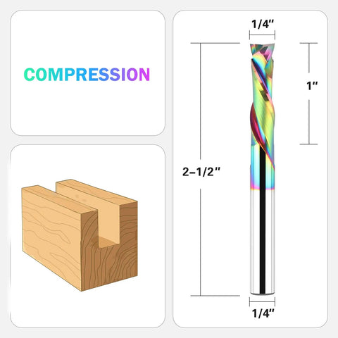 Pro Grade Compression Router Bit With One Quarter Inch Shank And One Inch Cutting Length TAC Coated Solid Carbide Spiral Up And Down CNC Router Bit For Carving Woodworking Projects shown with dimensions.