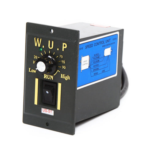 110V 40W AC Geared Motor With Variable Speed Controller For Single Phase Power 90 RPM Beefy Torque Gear Motor With 1To15 Reduction Quiet Operation Governor Included And Easy Speed Adjust visible from the side showing dial settings.