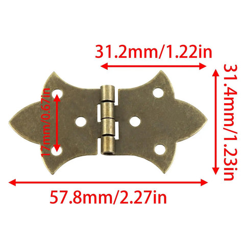 Eight Piece Antique Butterfly Hinges Set With Installation Screws For Vintage Wooden Boxes dimensions shown