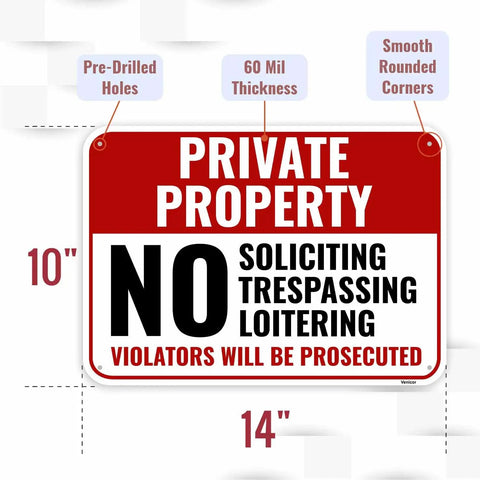 Two Pack Private Property No Soliciting Trespassing Loitering Sign 14 By 10 Inches Aluminum Metal Sign For Business Durable 60 Mil Thick High Visibility No Trespassing Warning For Real Estate Parking Lot And Yard showing dimensions and features