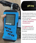 Hand holding 7 In 1 Rapid Soil Tester Kit with NPK, pH, moisture, conductivity meter, backlit digital display; gift bag shown.