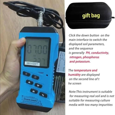 Hand holding 7 In 1 Rapid Soil Tester Kit with NPK, pH, moisture, conductivity meter, backlit digital display; gift bag shown.