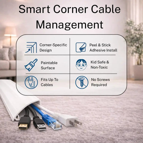 Corner Cable Trunking Raceway 192 Inch Paintable Self Adhesive TV Cable Hider with features overview in a living room.