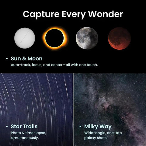 Pocket Size Mini Smart Telescope With App Control For Travel Camping And Hiking Grab And Go Ultra Lightweight Portable Astronomy Scope For Dark Sky Stargazing Backpacking And Adventure showing sun, moon, star trails, and Milky Way viewing