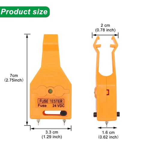 24V Car Fuse Tester And Puller Kit With LED Indicator For ATO ATC Blade And Glass Tube Fuses, Quick Pull, Pro Grade Auto Fuse Extractor For Small, Medium And Large Fuses. 7x3.3x1.6 cm orange plastic size diagram