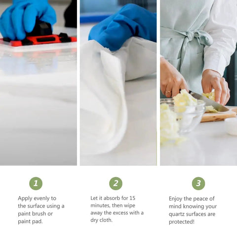 Keep Your Countertops Lookin Fresh With This Premium Water Based Quartz Sealer That Straight Up Locks Out Oil And Stains On Indoor Outdoor Quartzite Counters Floors Walls And Furniture In A Hassle Free Pint: applying sealer with a paint pad on a quartz surface.