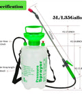 5L Pressurized Hand Sprayer For Garden And Farm Use with 1.3 Gallon Capacity, shown with dimensions and green accents