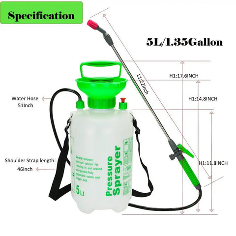 5L Pressurized Hand Sprayer For Garden And Farm Use with 1.3 Gallon Capacity, shown with dimensions and green accents