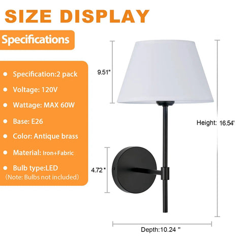 Hardwired Wall Sconce Set Of Two Black Metal Lamps With White Fabric Shades Dope Industrial Lighting For Bedroom Bathroom Farmhouse Living Room Reading Nook Fireplace