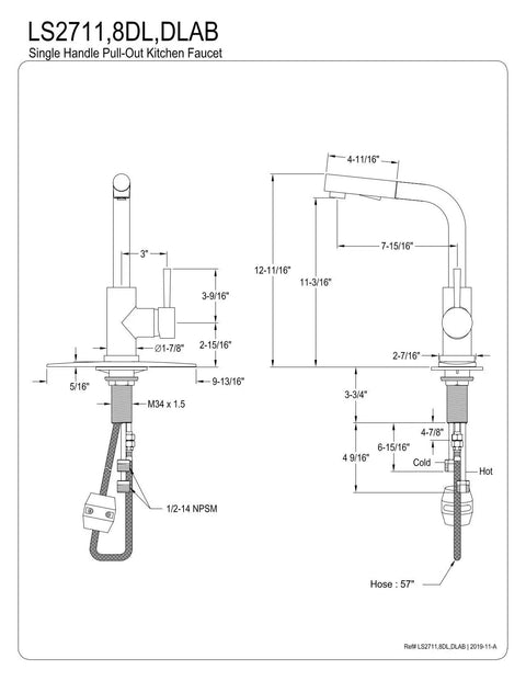 Technical diagram of Concord Pull Out Sprayer Kitchen Faucet With Solid Brass Construction And Polished Chrome Finish No Drip Ceramic Cartridge Half Inch NPSM Connection 1.8 GPM Flow Deck Plate Compatible For One Or Three Hole Install, showing measurements and design elements.