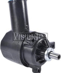 Remanufactured Power Steering Pump With Built In Reservoir Plug And Play Direct Swap Heavy Duty Unit side view showing reservoir.