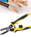 Heavy-Duty Carbon Steel Wire Stripper With Secure Non Slip Grip Electrician Crimping Pliers, yellow handles and copper wire.