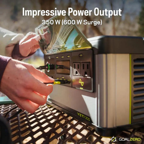 Person connecting device to Go Anywhere Portable Power Station With LiFePO4 Battery 297Wh 350W AC Output 600W Surge