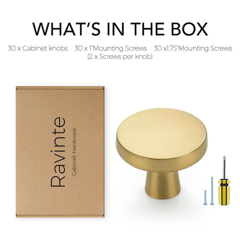 30 Pack Solid Kitchen Cabinet Round Knobs And Dresser Pulls Gold Brushed Brass Cupboard Hardware with screws and packaging