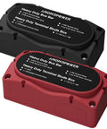 Badass Heavy Duty 450 Amp 12-48 Volt Busbar Box with Six M8 Studs, showing black and red power distribution blocks.