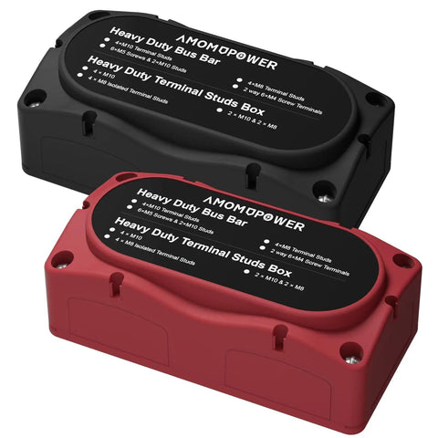 Badass Heavy Duty 450 Amp 12-48 Volt Busbar Box with Six M8 Studs, showing black and red power distribution blocks.