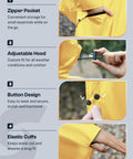 Features of Unisex Lightweight Waterproof Hooded Rain Poncho with zipper pockets, adjustable hood, button design, and elastic cuffs.