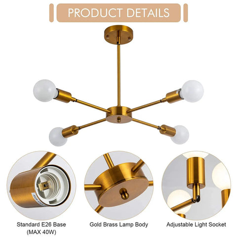 4 Light Sputnik Chandelier With Rotatable Lamp Cups, dope modern gold bronze pendant lighting, brass material, product details