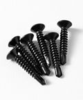 Heavy Duty Flat Head Sheet Metal Screws, Phillips Drive Self Tapping Wood Screws, 410 Stainless Steel Black Oxide Finish, 100 Pack Size arranged in a circle.
