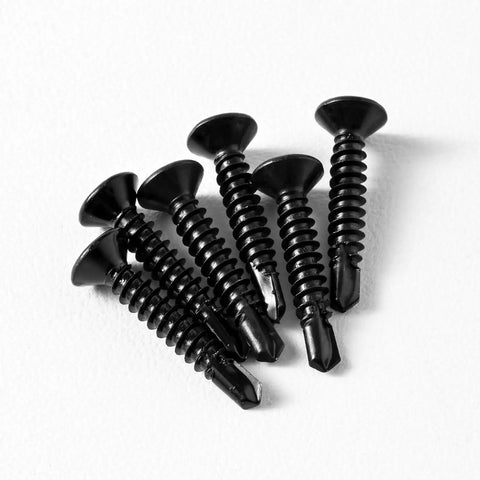 Heavy Duty Flat Head Sheet Metal Screws, Phillips Drive Self Tapping Wood Screws, 410 Stainless Steel Black Oxide Finish, 100 Pack Size arranged in a circle.