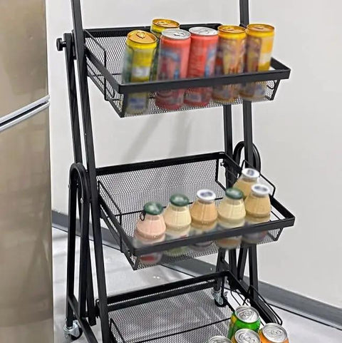 Heavy Duty Metal Rolling Storage Cart With Smooth Rolling Wheels For Kitchen Bathroom Laundry And Office Folding Utility Shelf holding drinks.