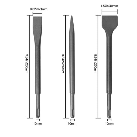 Dimensions of 6 Piece SDS Hammer Drill Chisel Set With Carrying Case, Pointed And Flat Chisels, Wide Chisel, 40Cr Steel