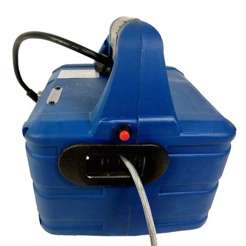 Techtongda Portable Electric Hoist Remote Controlled Winch 992Lbs Capacity 25 Ft Lift Height rear view showing cable and handle.