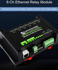 8-Channel Ethernet Relay Module With Modbus RTU TCP Protocol, PoE Powered, featuring robust isolation and ABS rail-mount case.