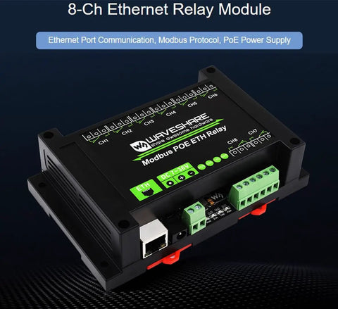 8-Channel Ethernet Relay Module With Modbus RTU TCP Protocol, PoE Powered, featuring robust isolation and ABS rail-mount case.
