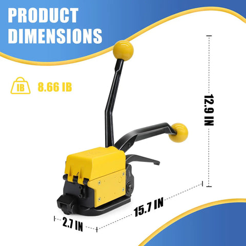 Heavy Duty Manual Steel Strapping Tool Adjustable Hand Tensioner Crimper And Cutter For 3/4 Inch Steel Banding Machine showing product dimensions