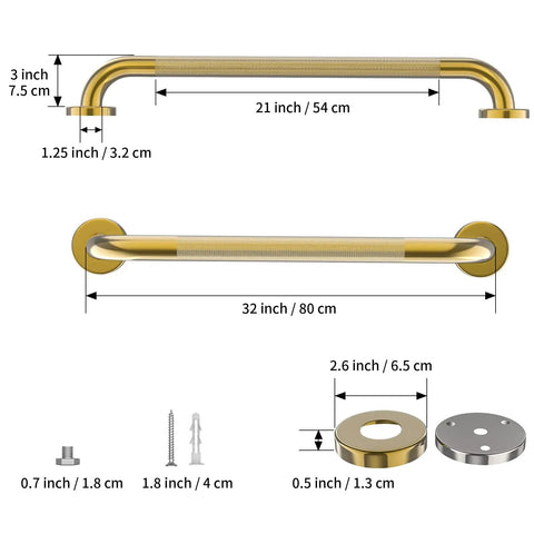 Straight Up Heavy Duty Brushed Gold Grab Bar 32 Inch Shower Safety Handrail with dimensions and mounting hardware details.