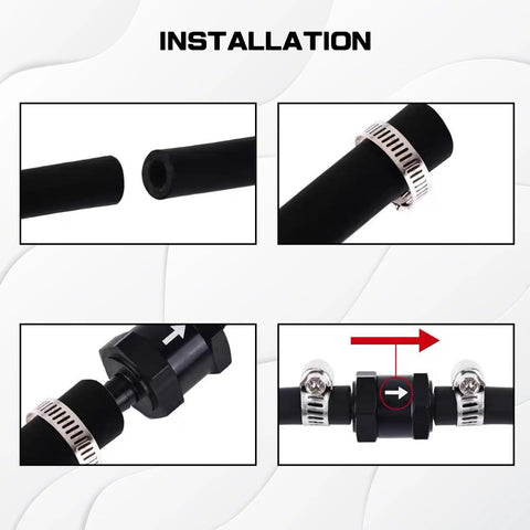 Hella Durable 3/8 Inch Check Valve Inline Non Return One Way Fluid Control For Fuel Air Gas Oil E85 Diesel Systems Crafted From Top Shelf Aluminum Alloy In Clean Silver To Halt Backflow Cold installation steps with rubber tube and clamps.