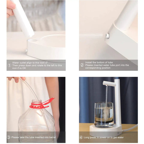 Assembly steps of Electric Water Bottle Dispenser With USB Charging, Desktop Pump For 5 Gallon Jugs, 6 Level Measured Pouring Modes.