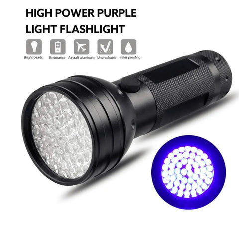 Ultraviolet Blacklight Flashlight With 51 LEDs, 395 Nanometer UV Light, handheld design with aluminum alloy body.
