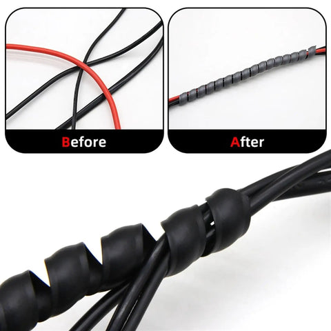 Yellow Flexible Spiral Cable Protector Sleeve For 10mm To 14mm Cables 10 Meters Long Wire Organizer Tidy Winding Wrap shown in use