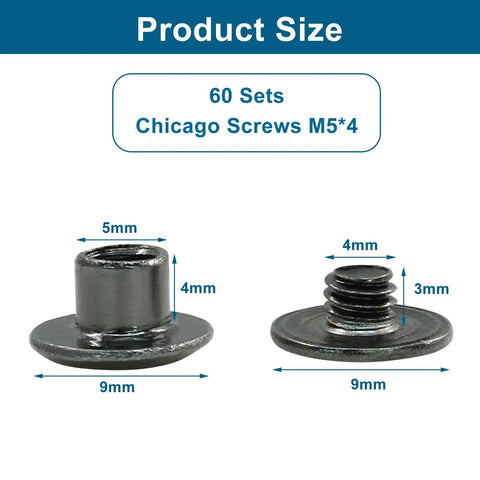 Badass Black Chicago Screws And Leather Rivets 60 Pack M5 X 4mm Heavy Duty Carbon Steel Fasteners With Tool close-up of product size