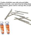 Extra drill bits for Real Deal Precision Pearl Drilling Machine, including sizes 0.5mm to 2.5mm in two bottles.