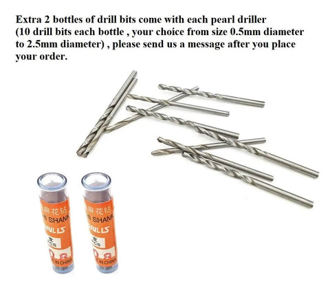 Extra drill bits for Real Deal Precision Pearl Drilling Machine, including sizes 0.5mm to 2.5mm in two bottles.