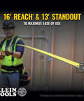 Rugged 16 Foot Tape Measure With Double Hook Double Sided Nylon Reinforced Blade And Metal Belt Clip In Use on Construction Site