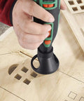 Close-up of Top Tier 2PC Electric Locator Rotary Tool Attachment Kit for Precision Carving during operation on wood.