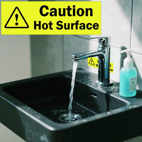 Large Hot Surface Warning Stickers Pack Ten Self Adhesive Vinyl Signs Keep Hands Off For Machinery Engines Exhaust Pipes And Kitchen Equipment Easy Peel Safety Labels To Warn People About Temperature Danger shown on a sink.