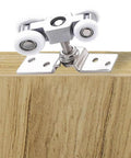 Slick Four Wheel Metal Sliding Track Pocket Door Roller Kit with Hanger Ball Bearing Pulleys installed on wood edge