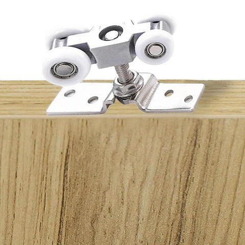 Slick Four Wheel Metal Sliding Track Pocket Door Roller Kit with Hanger Ball Bearing Pulleys installed on wood edge