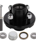 Front view of SCITOO trailer hub kit with black 4-lug idler hub, spindle, two bearings, seals, dust cap.