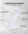 L Shaped Shelf Bracket in White Steel Built Tough for Wall Mounted Cabinets and Floating Shelves close-up with labels