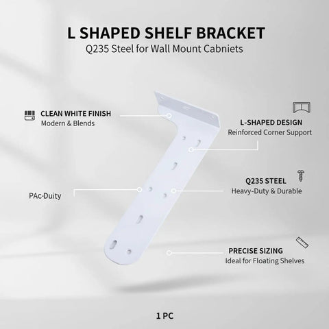 L Shaped Shelf Bracket in White Steel Built Tough for Wall Mounted Cabinets and Floating Shelves close-up with labels