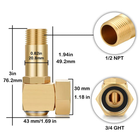 Brass Garden Hose Reel Replacement Fitting Pro Grade 3/4 GHT Female to 1/2 NPT Male Swivel Elbow Adapter 3.07 Inches Long with dimensions