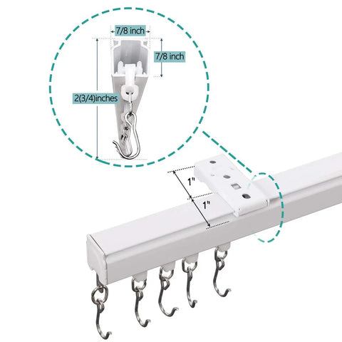 Durable Aluminum Curtain Track Rod Set With Hooks in white, showing close-up of mounting bracket and hook dimensions.